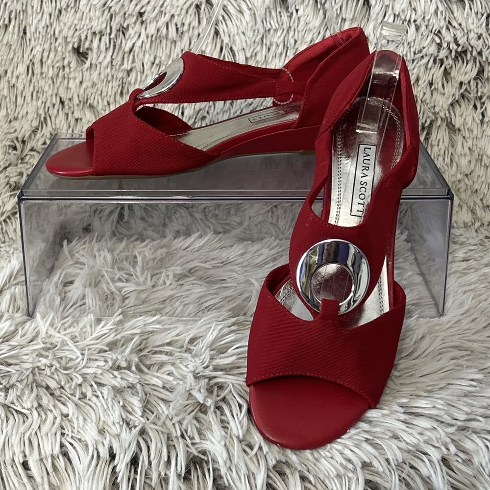 Laura Scott Red Open-Toe Wedge Sandals with Silver Accent